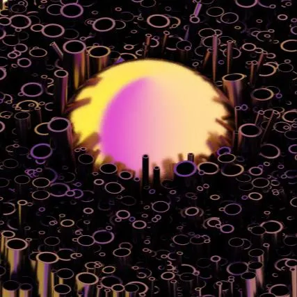 Render 3D di un sole rosa e giallo su un campo di anelli luminosi