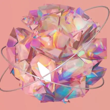 Render 3D di una sfera di cristalli iridescenti con anelli metallici