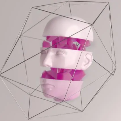 Render 3D di una testa scomposta in sezioni dentro una gabbia geometrica