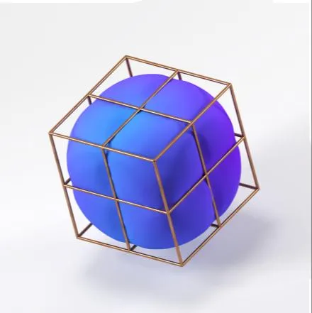 Render 3D di una sfera blu racchiusa in un cubo di filo metallico