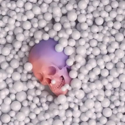 Render 3D di un teschio tra sfere bianche
