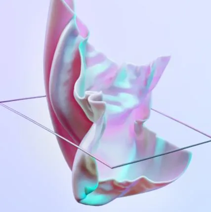 Render 3D di un tessuto iridescente che attraversa un piano di vetro