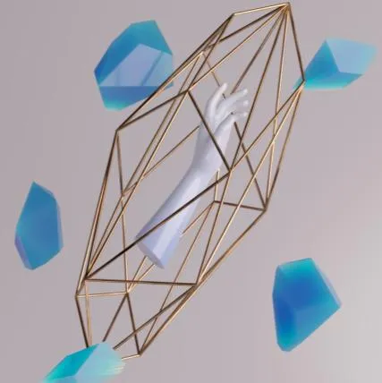 Render 3D di una mano dentro una gabbia dorata con cristalli azzurri