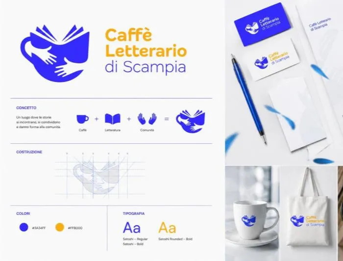 Tavola di brand identity del Caffè Letterario di Scampia con concept, costruzione, colori, tipografia e mockup