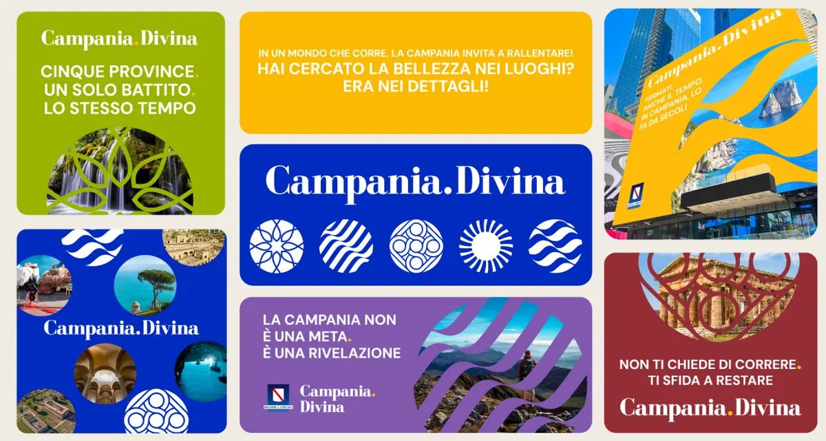 Applicazioni del brand Campania.Divina: logotipo, pittogrammi, palette, post social e affissioni