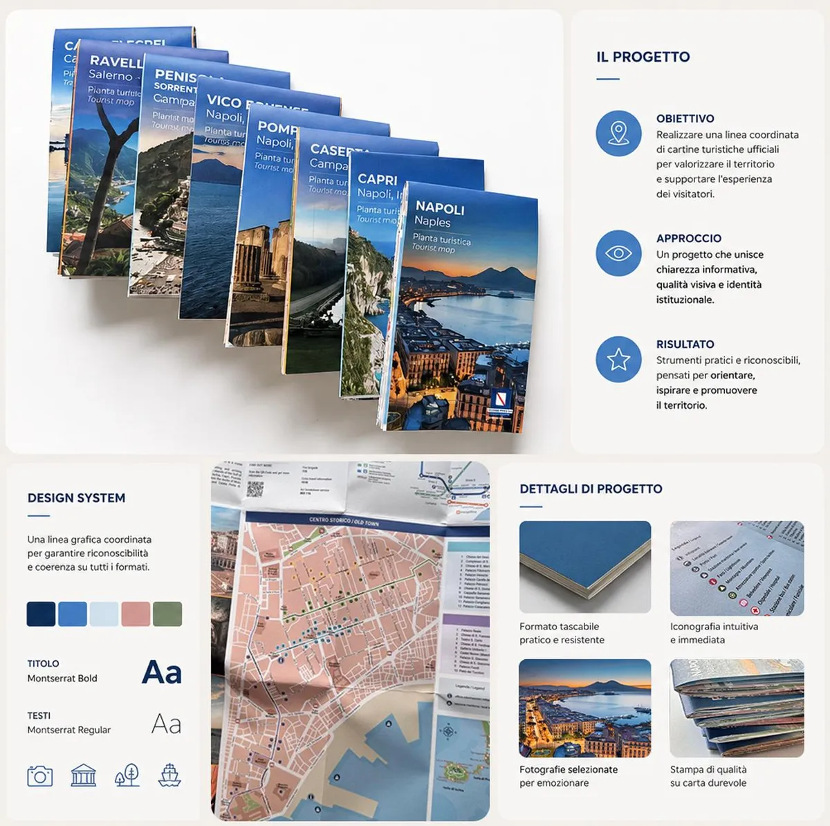 Serie di cartine turistiche della Regione Campania con design system, palette e dettagli di stampa