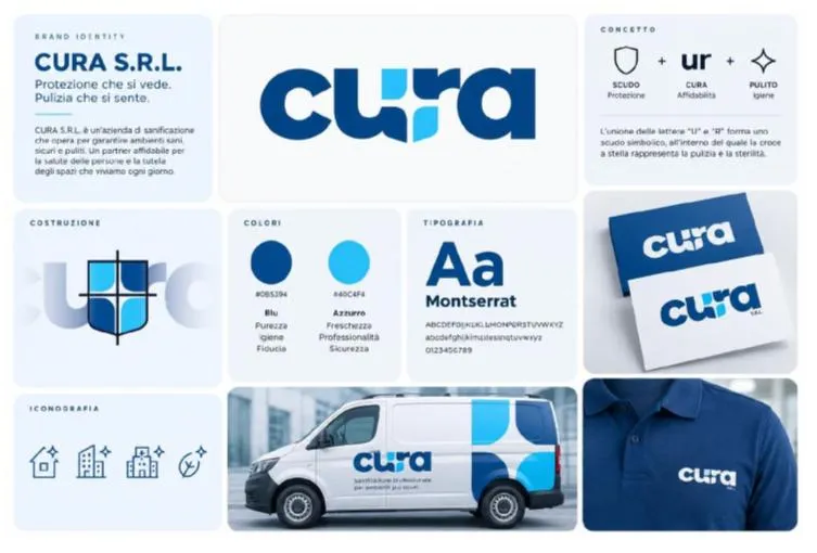 Tavola di brand identity di Cura S.r.l. con logotipo, concept, costruzione, colori, iconografia e applicazioni su furgone e divisa