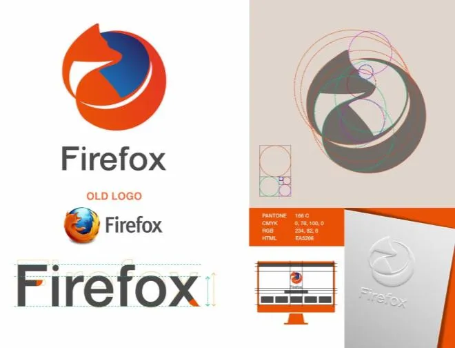 Tavola del restyling del logo Firefox con confronto con il logo precedente, griglia di costruzione e specifiche colore