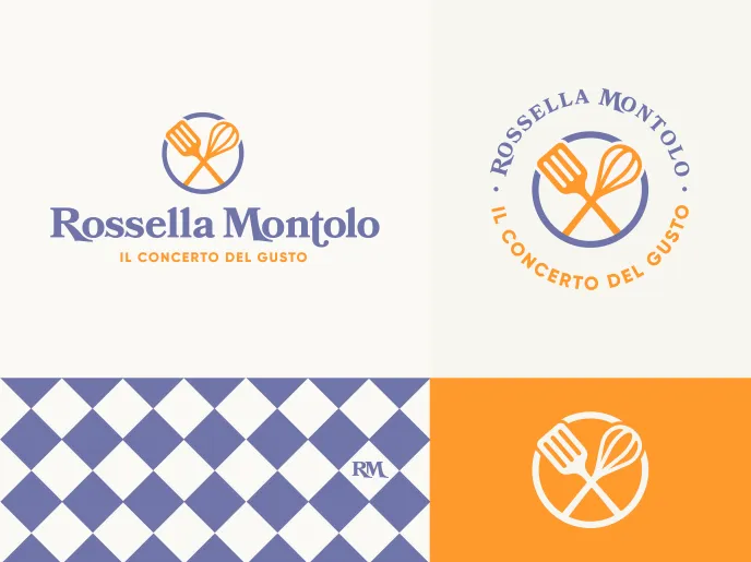 Tavola di brand identity Rossella Montolo «Il concerto del gusto» con marchio, versione circolare e pattern