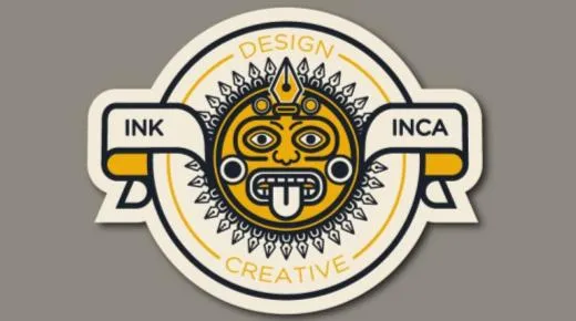 Badge illustrato «Ink Inca — Design Creative» con maschera azteca